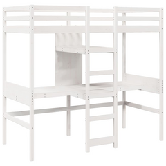 Loft Bed Frame | Solid Pine Wood | White | 90x190cm | Space-Saving with Desks & Shelves