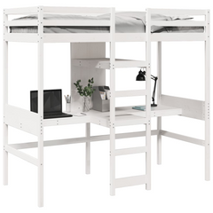 Loft Bed Frame | Solid Pine Wood | White | 90x190cm | Space-Saving with Desks & Shelves