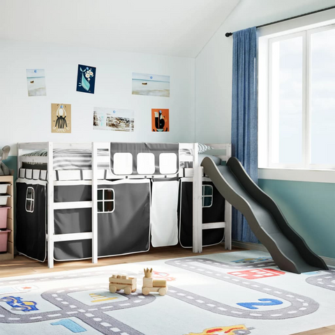 Kids' Loft Bed with Curtains, Slide, and Safety Guardrails - White & Black, Solid Pine Wood - 80x200 cm