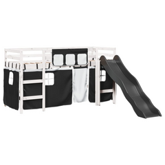 Kids' Loft Bed with Curtains, Slide, and Safety Guardrails - White & Black, Solid Pine Wood - 80x200 cm