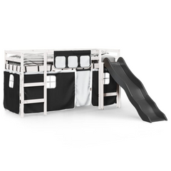 Kids' Loft Bed with Curtains, Slide, and Safety Guardrails - White & Black, Solid Pine Wood - 80x200 cm