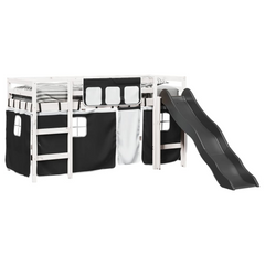 Kids' Loft Bed with Curtains, Slide, and Safety Guardrails - White & Black, Solid Pine Wood - 80x200 cm