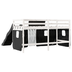 Kids' Loft Bed with Curtains, Slide, and Safety Guardrails - White & Black, Solid Pine Wood - 80x200 cm