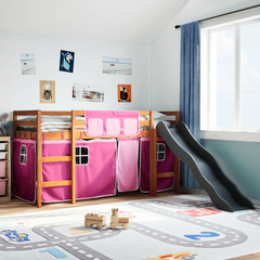 Pink Kids' Loft Bed with Curtains & Slide - 80x200 cm Solid Pine Wood