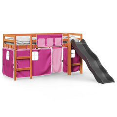 Pink Kids' Loft Bed with Curtains & Slide - 80x200 cm Solid Pine Wood