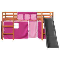 Pink Kids' Loft Bed with Curtains & Slide - 80x200 cm Solid Pine Wood