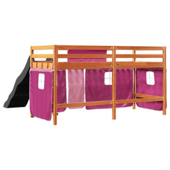 Pink Kids' Loft Bed with Curtains & Slide - 80x200 cm Solid Pine Wood