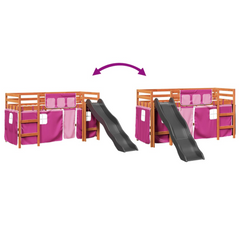 Pink Kids' Loft Bed with Curtains & Slide - 80x200 cm Solid Pine Wood