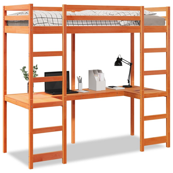 Solid Wood Loft Bed Frame with Desk, Guardrails, and 2 Ladders - Wax Brown, 90x190 cm