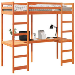 Solid Wood Loft Bed Frame with Desk, Guardrails, and 2 Ladders - Wax Brown, 90x190 cm