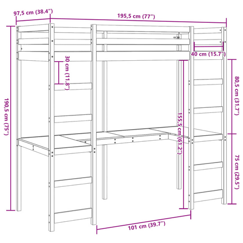 Solid Wood Loft Bed Frame with Desk, Guardrails, and 2 Ladders - Wax Brown, 90x190 cm