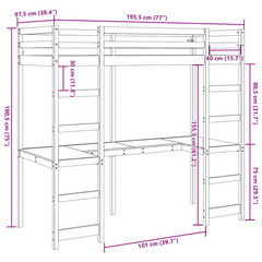 Solid Wood Loft Bed Frame with Desk, Guardrails, and 2 Ladders - Wax Brown, 90x190 cm