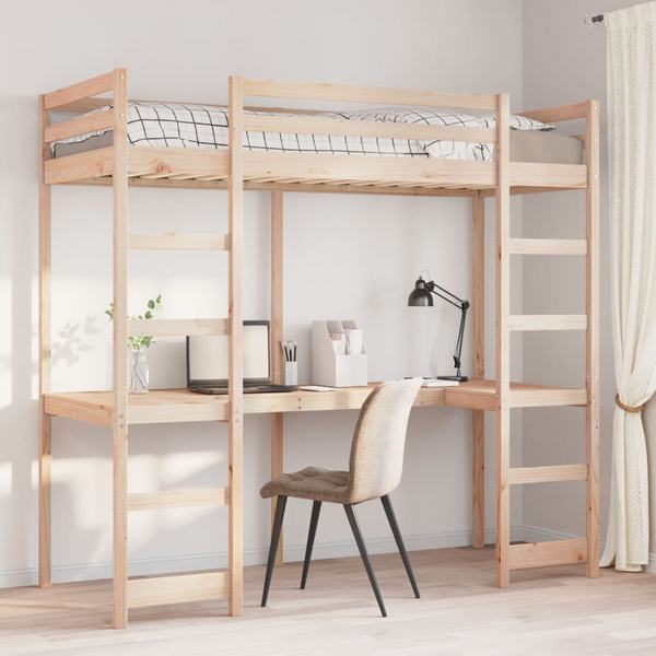 Solid Wood Pine Loft Bed Frame with Built-in Desk and Guardrails, 80x200 cm, without Mattress