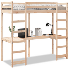 Solid Wood Pine Loft Bed Frame with Built-in Desk and Guardrails, 80x200 cm, without Mattress