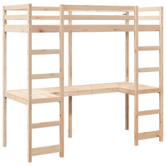 Solid Wood Pine Loft Bed Frame with Built-in Desk and Guardrails, 80x200 cm, without Mattress