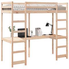 Solid Wood Pine Loft Bed Frame with Built-in Desk and Guardrails, 80x200 cm, without Mattress