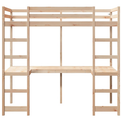 Solid Wood Pine Loft Bed Frame with Built-in Desk and Guardrails, 80x200 cm, without Mattress