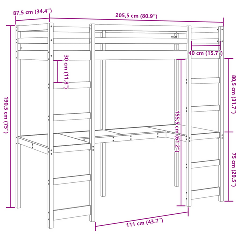 Solid Wood Pine Loft Bed Frame with Built-in Desk and Guardrails, 80x200 cm, without Mattress