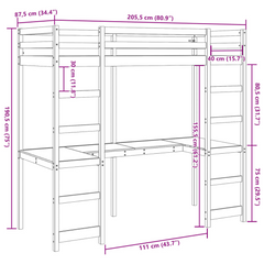 Solid Wood Pine Loft Bed Frame with Built-in Desk and Guardrails, 80x200 cm, without Mattress