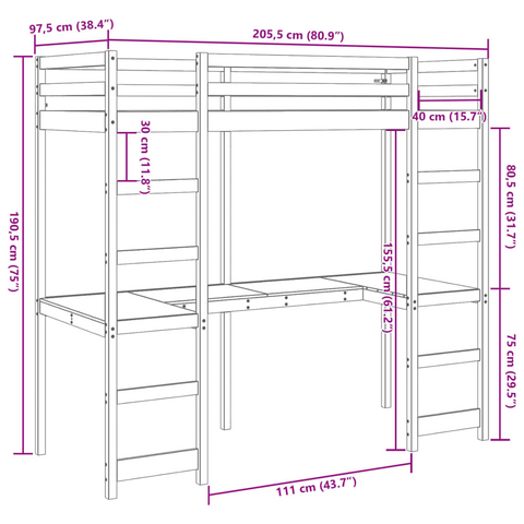 Solid Wood Pine Loft Bed Frame with Desk, 90x200 cm - Space-Saving Design For Kids & Teens