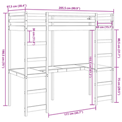 Solid Wood Pine Loft Bed Frame with Desk, 90x200 cm - Space-Saving Design For Kids & Teens