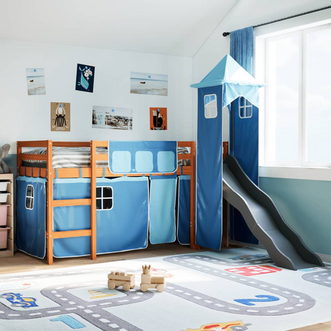 Kids' Loft Bed with Slide & Tower - Blue 80x200 cm Solid Pine Wood - Fun & Functional Sleep Space