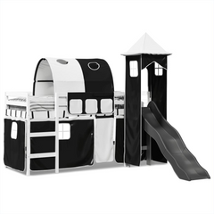 Kids' Loft Bed with Tower and Slide, White & Black, Solid Pine Wood, 80x200 cm