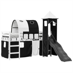 Kids' Loft Bed with Tower and Slide, White & Black, Solid Pine Wood, 80x200 cm