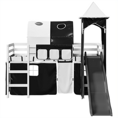 Kids' Loft Bed with Tower and Slide, White & Black, Solid Pine Wood, 80x200 cm