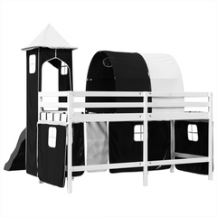 Kids' Loft Bed with Tower and Slide, White & Black, Solid Pine Wood, 80x200 cm