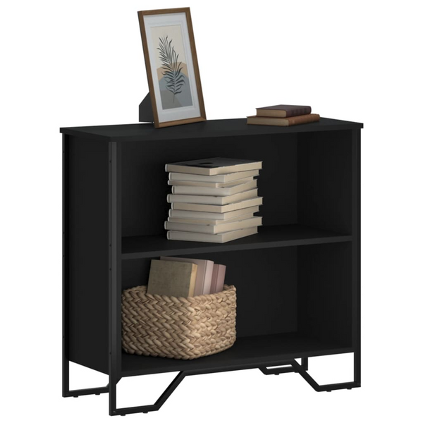 Modern Black Bookcase - 80x31x74.5 cm Engineered Wood with Metal Feet, 2 Open Compartments for Ample Storage