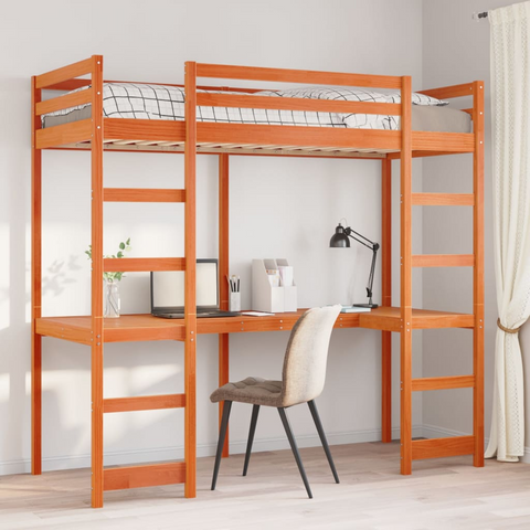 Loft Bed Frame - Wax Brown Solid Pine Wood, 80x200 cm, Space-Saving Design with Desk & Guardrails