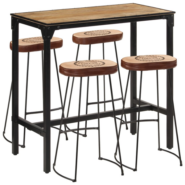 5 Piece Industrial Bar Set - Solid Rough Mango Wood & Metal Frame, Includes 1 Table & 4 Bar Stools, Comfortable Upholstered Seating