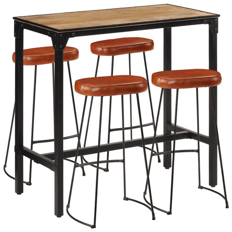 5 Piece Bar Set - Solid Rough Mango Wood & Metal - Industrial Style Bar Table & Stools