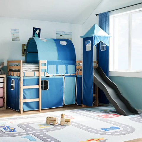 Kids' Loft Bed with Tower & Slide - Solid Pine Wood, Blue Curtain Set, 90x190 cm, Fun and Functional Children’s Bed