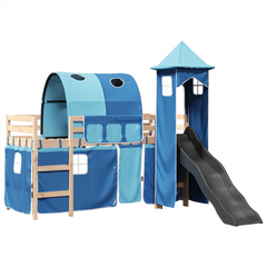 Kids' Loft Bed with Tower & Slide - Solid Pine Wood, Blue Curtain Set, 90x190 cm, Fun and Functional Children’s Bed