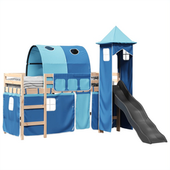 Kids' Loft Bed with Tower & Slide - Solid Pine Wood, Blue Curtain Set, 90x190 cm, Fun and Functional Children’s Bed