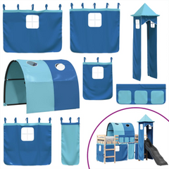 Kids' Loft Bed with Tower & Slide - Solid Pine Wood, Blue Curtain Set, 90x190 cm, Fun and Functional Children’s Bed