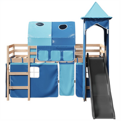 Kids' Loft Bed with Tower & Slide - Solid Pine Wood, Blue Curtain Set, 90x190 cm, Fun and Functional Children’s Bed