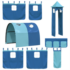 Kids' Loft Bed with Tower & Slide - Solid Pine Wood, Blue Curtain Set, 90x190 cm, Fun and Functional Children’s Bed