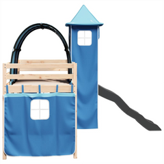 Kids' Loft Bed with Tower & Slide - Solid Pine Wood, Blue Curtain Set, 90x190 cm, Fun and Functional Children’s Bed