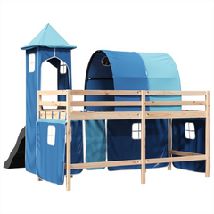 Kids' Loft Bed with Tower & Slide - Solid Pine Wood, Blue Curtain Set, 90x190 cm, Fun and Functional Children’s Bed