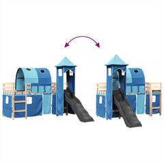 Kids' Loft Bed with Tower & Slide - Solid Pine Wood, Blue Curtain Set, 90x190 cm, Fun and Functional Children’s Bed