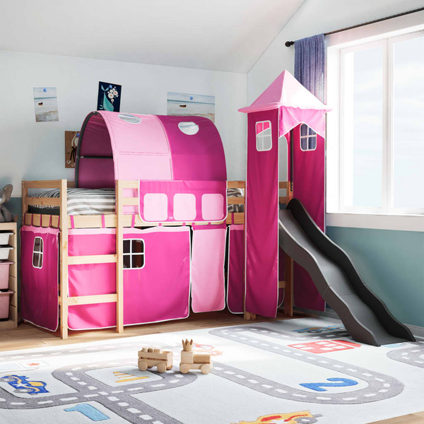 Kids' Loft Bed with Slide and Tower, Pink - Solid Pine Wood, 90x190 cm