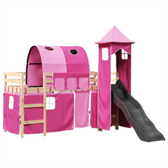 Kids' Loft Bed with Slide and Tower, Pink - Solid Pine Wood, 90x190 cm