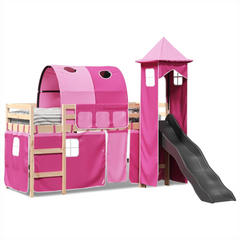 Kids' Loft Bed with Slide and Tower, Pink - Solid Pine Wood, 90x190 cm