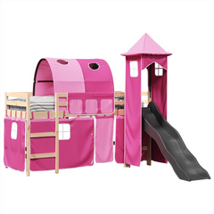 Kids' Loft Bed with Slide and Tower, Pink - Solid Pine Wood, 90x190 cm