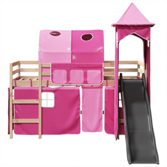 Kids' Loft Bed with Slide and Tower, Pink - Solid Pine Wood, 90x190 cm