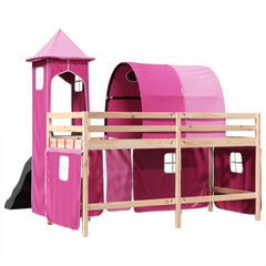 Kids' Loft Bed with Slide and Tower, Pink - Solid Pine Wood, 90x190 cm