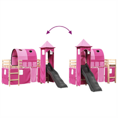 Kids' Loft Bed with Slide and Tower, Pink - Solid Pine Wood, 90x190 cm